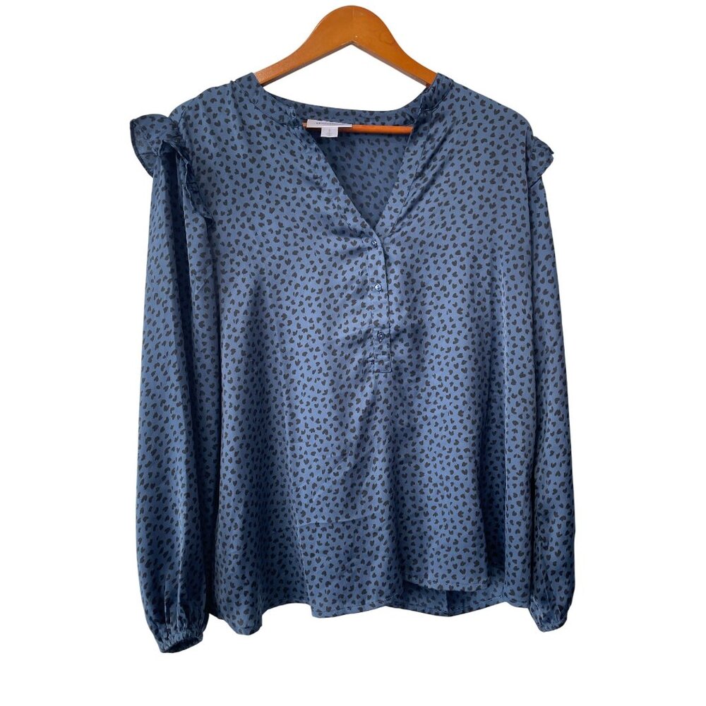 Motherhood Maternity Popover Shirt Size Large Printed Ruffle Long Sleeve Office